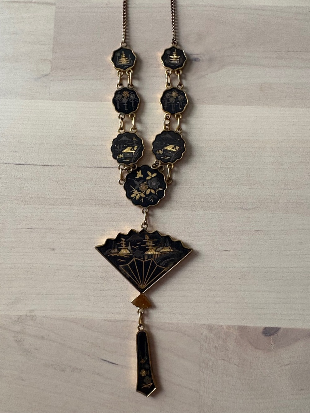 Signed Vintage Amita Japan 24k gold damascene fan pendant necklace mid century